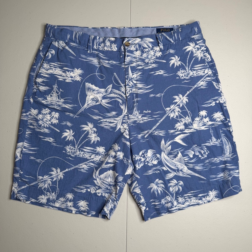 Polo Ralph Lauren Mens 36 Classic Fit Linen Cotton Marlin Fishing Blue Shorts